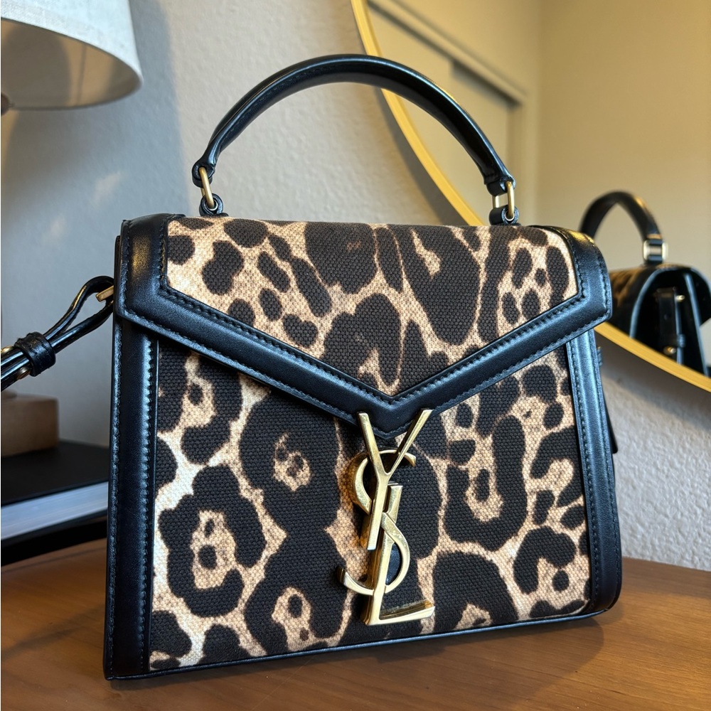 Yves Saint Laurent Cassandra Mini Top Handle Bag Canvas Leopard Print